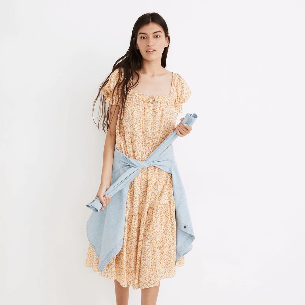 Madewell Square-Neck Tiered Midi Dress in Sunflower Field Golden Plume